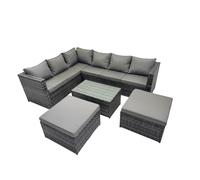 Fimous Outdoor Rattan Rectangular Coffee Table Corner Sofa Sets Garden Furniture Set with 2 Big Stools Dark Grey Mixed Dark Grey