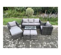 Fimous Outdoor Rattan Garden Furniture Set With 3 Seater Sofa Coffee Table 2 Armchairs 3 Footstools Patio Lounge Sofa Set