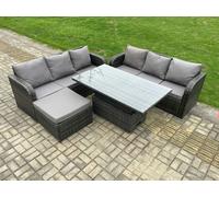 Fimous Outdoor Rattan Garden Furniture Sets Height Adjustable Rising lifting Dining Table Sofa Set with Big Footstool Dark Grey Mixed