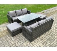 Fimous Outdoor Rattan Garden Furniture Sets Height Adjustable Rising lifting Dining Table Sofa Set with 2 Big Footstool 8 Seater