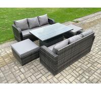 Fimous Outdoor Rattan Garden Furniture Sets Height Adjustable Rising lifting Dining Table Sofa Set with 2 Big Footstool in Dark Grey Fimous Dark Grey
