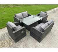 Fimous Outdoor Rattan Garden Furniture Sofa Set Dining Table Height Adjustable Rising Lifting Table Reclining Chairs Love Sofa 6 Seater