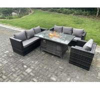 Fimous Outdoor Rattan Garden Furniture Sofa Set Gas Fire Pit Dining Table Gas Heater Burner With Armchair 7 Seater Dark Grey Mixed