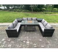 Fimous Outdoor Rattan Garden Furniture Gas Fire Pit Dining Table Gas Heater Sets Side Tables Dark Mixed Grey 9 Seater