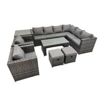 Fimous Outdoor Rattan Oblong Coffee Table Sets Garden Furniture Set With 2 Chairs 2 Small Stools Side Table Dark Grey Mixed
