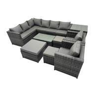 Fimous Outdoor Rattan Rectangular Coffee Table Corner Sofa Sets Garden Furniture Set with 2 Chairs 3 Stools Side Table Dark Grey Mixed