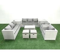 Fimous Outdoor Rattan Sofa Garden Furniture Set 2 Armchairs Oblong Coffee Table 2 Small Stools 2 Side Tables Light Grey