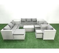 Fimous Outdoor Rattan Sofa Garden Furniture Set 2 Armchairs Oblong Coffee Table 3 Stools 2 Side Tables Light Grey