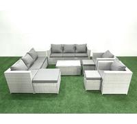 Fimous Outdoor Rattan Sofa Garden Furniture Set with 2 Armchairs Oblong Coffee Table 3 Footstools Light Grey Mixed
