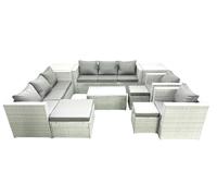 Fimous Outdoor Rattan Sofa Garden Furniture Set with 2 Armchairs Oblong Coffee Table 3 Footstools 2 Side Tables Light Grey Mixed