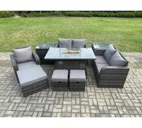 Fimous Outdoor Rattan Sofa Set | Gas Fire Pit Dining Table, Reclining Chairs, 2 Side Tables, 3 Footstools - Dark Grey