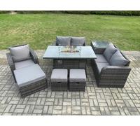 Outdoor Sofa Rattan Garden Furniture Set Patio Gas Fire Pit Dining Table and Reclining Chair set with Side Table 3 Footstools Fimous Dark Grey One Size