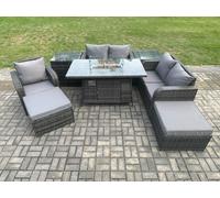 Fimous Outdoor Sofa Rattan Garden Furniture Set Patio Gas Fire Pit Dining Table & Reclining Chair set with 2 Side Tables 2 Big Footstool in Dark Grey Fimous Dark Grey