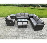 Fimous 9 Seater Dark Grey Mixed Rattan Outdoor Lounge Set - Rectangular Coffee Table, 2 Small Footstools, 3-Seater Sofa & 2 Side Tables