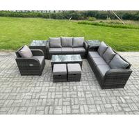 Fimous Outdoor Sofa Set 9 Seater Rattan Garden Furniture Set with Rectangular Coffee Table 2 Small Footstools 3 Seater Sofa 2 Side Tables in Dark Grey Fimous Dark Grey