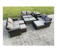 Fimous Outdoor U Shape Sofa Set Wicker PE Rattan Garden Furniture Set with Coffee Table Double Seat Sofa 3 Footstools Side Table Dark Grey Mixed