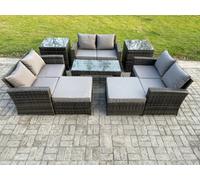 Fimous Outdoor U Shape Sofa Set Wicker PE Rattan Garden Furniture Set with Coffee Table Double Seat Sofa 2 Big Footstool 2 Side Tables Dark Grey Mixed