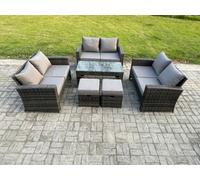 Fimous Outdoor U Shape Sofa Set Wicker PE Rattan Garden Furniture Set with Coffee Table Double Seat Sofa 2 Small Footstools Dark Grey Mixed