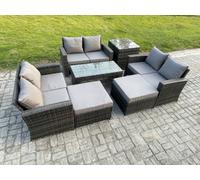 Fimous Outdoor U Shape Sofa Set Wicker Pe Rattan Garden Furniture Set With Coffee Table Double Seat Sofa 2 Big Footstool