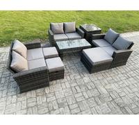 Fimous Outdoor U Shape Sofa Set Wicker PE Rattan Garden Furniture Set with Coffee Table Double Seat Sofa 3 Footstools Side Table Dark Grey Mixed