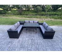 Fimous Outdoor Wicker Garden Furniture Rattan Lounge Sofa Set Patio Rectangular Dining Table with Side Table 9 Seater Dark Grey Mixed