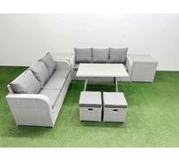 Fimous Patio Dining Table & Chairs Set Rattan High Back Lounge Sofa Set with 3 Seater Sofa 2 Side Tables 2 Small Stool Light Grey