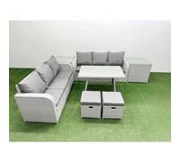 Fimous Patio Dining Table & Chairs Set Rattan High Back Lounge Sofa Set With 3 Seater Sofa 2 Side Tables 2 Small Stool Light Grey