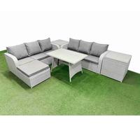 Fimous Patio Dining Table & Chairs Set Rattan High Back Lounge Sofa Set with 3 Seater Sofa 2 Side Tables Big Stool Light Grey