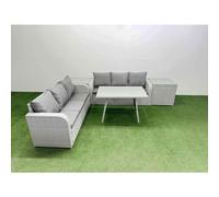 Fimous Patio Dining Table & Chairs Set Rattan High Back Lounge Sofa Set With 3 Seater Sofa 2 Side Tables Light Grey