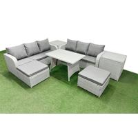 Fimous Patio Dining Table & Chairs Set Rattan High Back Lounge Sofa Set with 3 Seater Sofa 2 Side Tables 2 Big Stool Light Grey