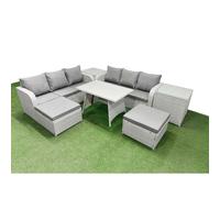 Fimous Patio Dining Table & Chairs Set Rattan High Back Lounge Sofa Set With 3 Seater Sofa 2 Side Tables 2 Big Stool Light Grey