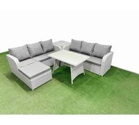 Fimous Patio Dining Table & Chairs Set Rattan High Back Lounge Sofa Set with 3 Seater Sofa Side Table Big Stool Light Grey