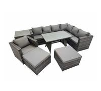Fimous Rattan garden furniture Patio Furniture Sets with Dining Table Chair 2 Big Stools Side Table Dark Grey Mixed