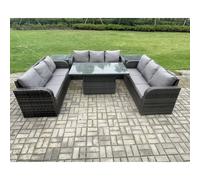 Fimous Patio Garden Dining Set Outdoor Rattan Furniture Lounge Sofa Height Adjustable Rising lifting Table With 2 Side Tables Dark Grey Mixed