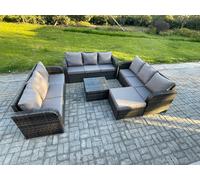 Fimous Patio Garden Furniture Sets Wicker 10 Seater Outdoor Rattan Furniture Sofa Sets with Square Coffee Table Big Footstool