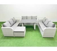Fimous Patio Garden Furniture Sets with Black Glass Top Dining Table 3 Seater Sofa 2 Side Tables Big Stool Light Grey