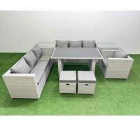 Fimous Patio Garden Furniture Sets with Black Glass Top Dining Table 3 Seater Sofa Armchair 2 Side Tables 2 Small Stool Light Grey