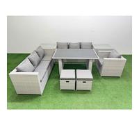 Fimous Patio Garden Furniture Sets With Black Glass Top Dining Table 3 Seater Sofa Armchair 2 Side Tables 2 Small Stool Light Grey
