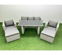 Fimous Patio Garden Furniture Sets with Black Glass Top Dining Table Armchair 3 Seater Sofa 2 Big Stool Light Grey