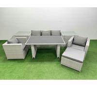 Fimous Patio Garden Furniture Sets with Black Glass Top Dining Table Armchair 3 Seater Sofa 2 Side Tables Big Stool Light Grey
