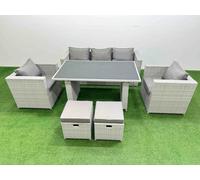 Fimous Patio Garden Furniture Sets with Black Glass Top Dining Table Armchair 3 Seater Sofa 2 Small Stool Light Grey