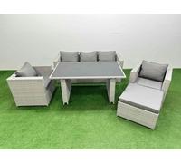 Fimous Patio Garden Furniture Sets with Black Glass Top Dining Table Armchair 3 Seater Sofa Big Stool Light Grey