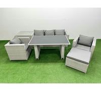 Fimous Patio Garden Furniture Sets with Black Glass Top Dining Table Armchair 3 Seater Sofa Side Table Big Stool Light Grey