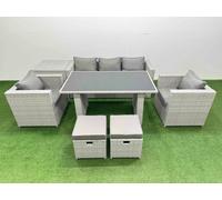 Fimous Patio Garden Furniture Sets with Black Glass Top Dining Table Armchair 3 Seater Sofa Side Table 2 Small Stool Light Grey
