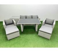 Fimous Patio Garden Furniture Sets with Black Glass Top Dining Table Armchair 3 Seater Sofa Side Table 2 Big Stool Light Grey