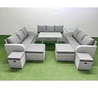 Fimous Patio Garden Furniture Sets with Dining Table 3 Seater Sofa 2 Side Tables 4 Stool Light Grey