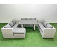 Fimous Patio Outdoor Garden Furniture Sets with Black Glass Top Dining Table 3 Seater Sofa 2 Side Tables Big Stool Light Grey