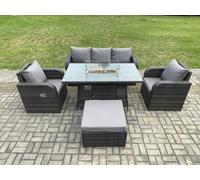 Fimous Patio Outdoor Rattan Garden Furniture Set Propane Gas Fire Pit Table Burner with Lounge Sofa Footstool