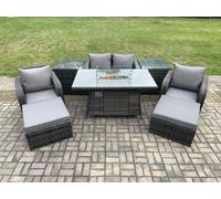 Fimous Patio Outdoor Rattan Garden Furniture Set Propane Gas Fire Pit Table Burner with Love seat Sofa 2 Big Footstool in Dark Grey Fimous Dark Grey