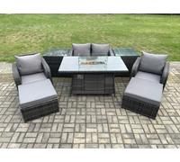 Fimous Patio Outdoor Rattan Garden Furniture Set Propane Gas Fire Pit Table Burner with Love seat Sofa 2 Big Footstool 2 Side Tables